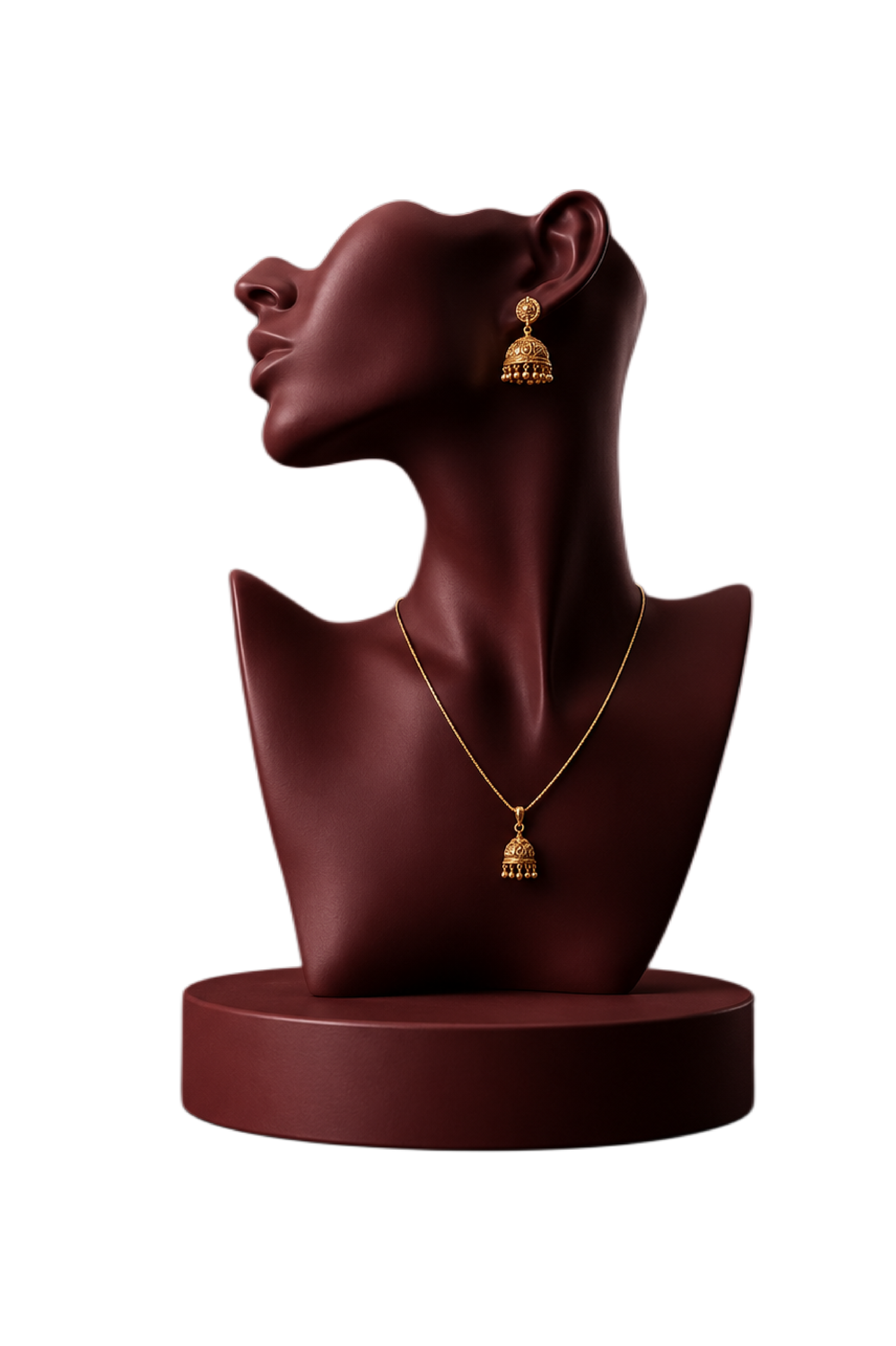 Model wearing LIORA Studios jhumka earrings and necklace